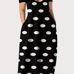  Polka Dot Print Short Sleeve Maxi Dress With Pockets
