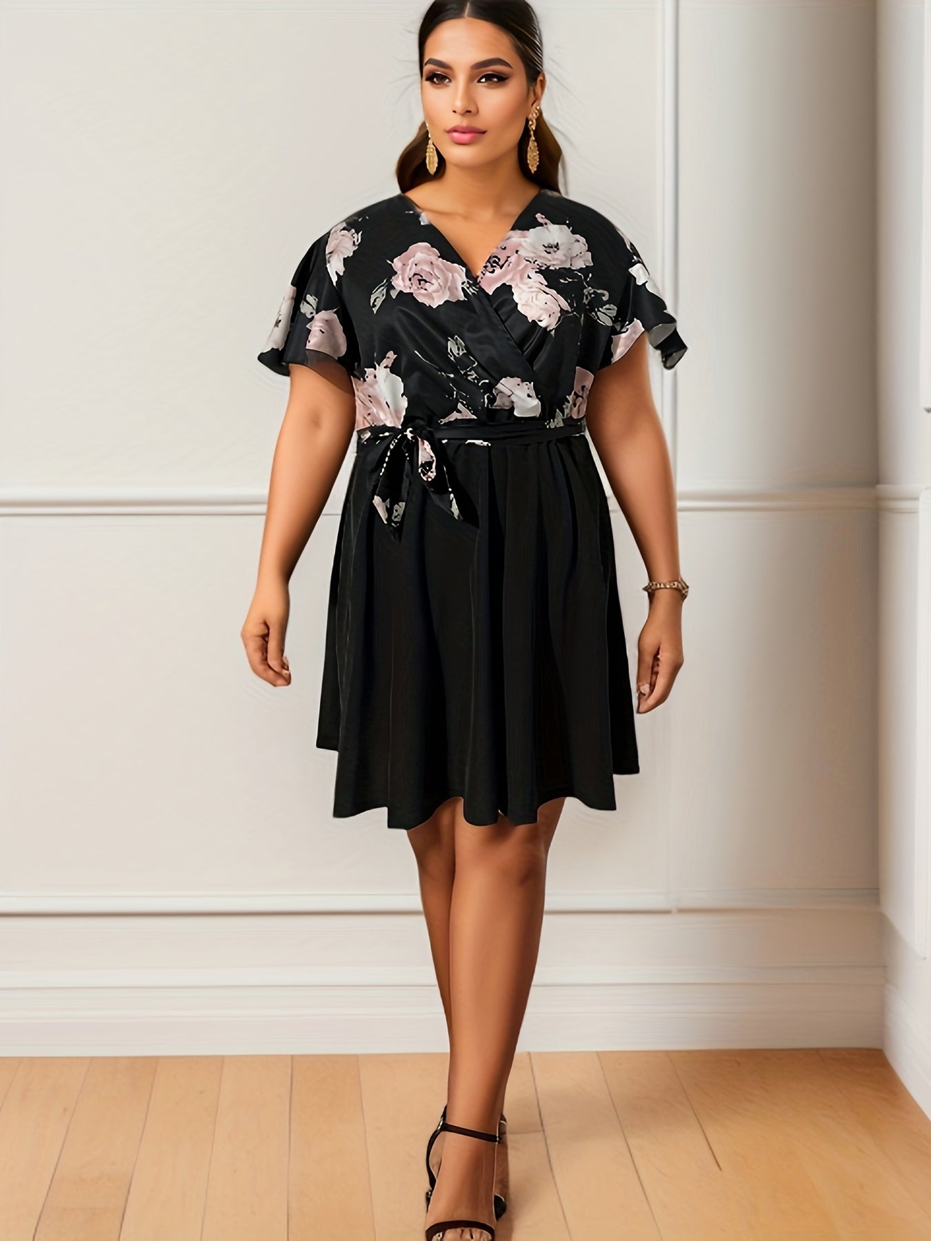  Dress Women's Plus Floral Print Flutter Sleeve V Neck Dress