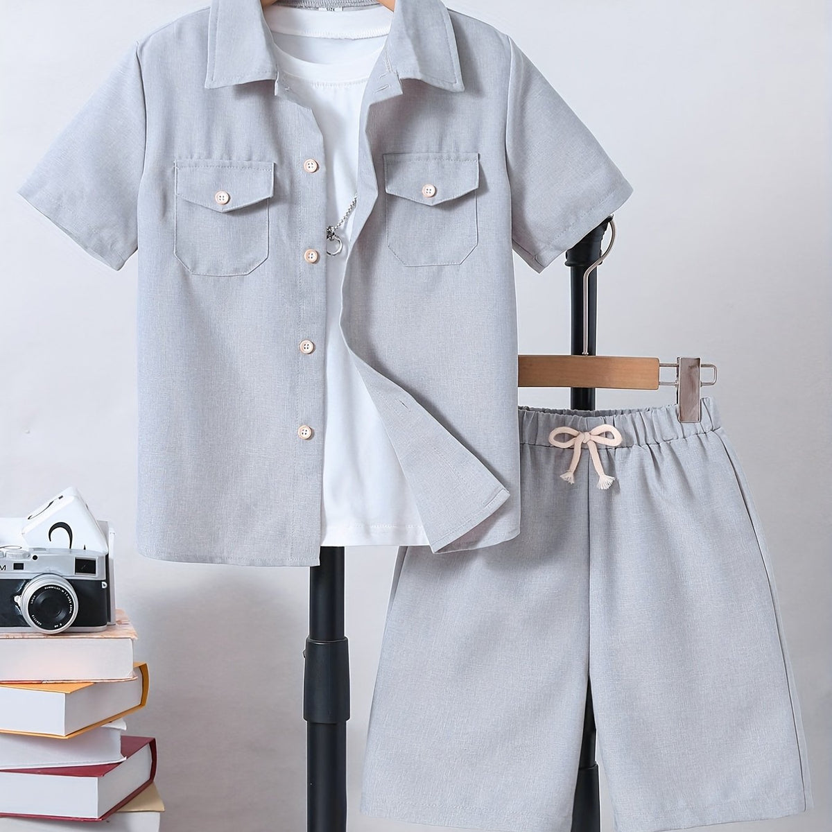 Boy's 2pcs Shirt & Drawstring Shorts Set Solid Casual Outfits Kids Clothes