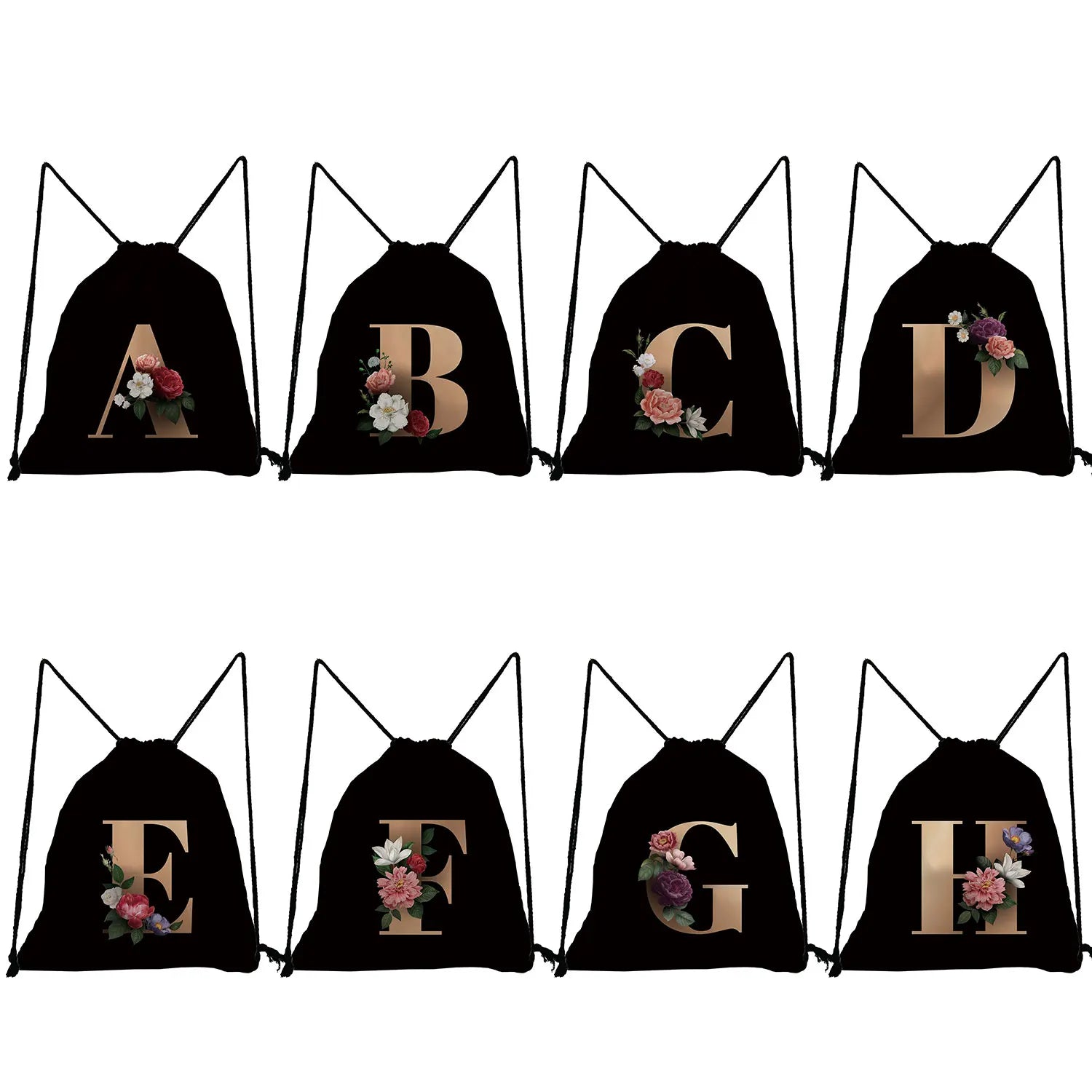 26 Initials Flower Drawstring Bags A-Z Letter Backpack Rope Softback Bag