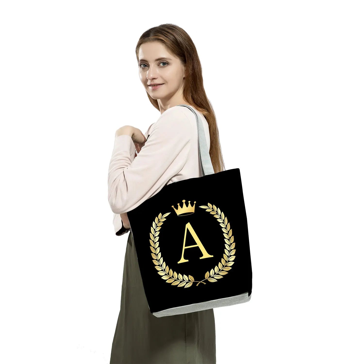 Initials Wheat Ears Golden Letters Print Eco Name Tote Women's Handbags
