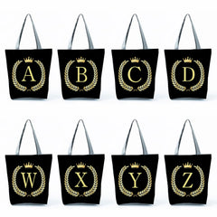 Initials Wheat Ears Golden Letters Print Eco Name Tote Women's Handbags
