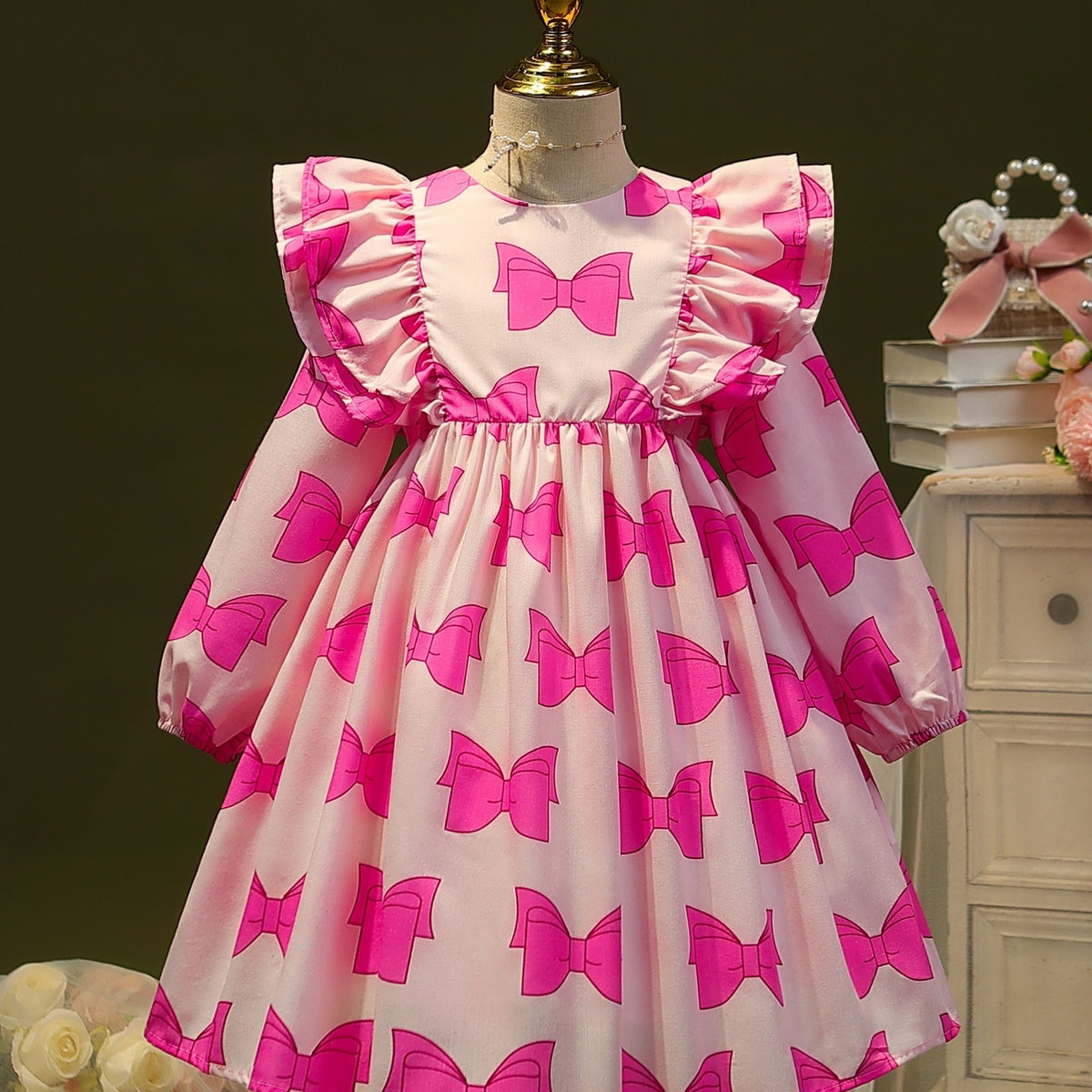 Girls' Bow Ruffle Long Sleeve Dress Spring/Autumn Casual