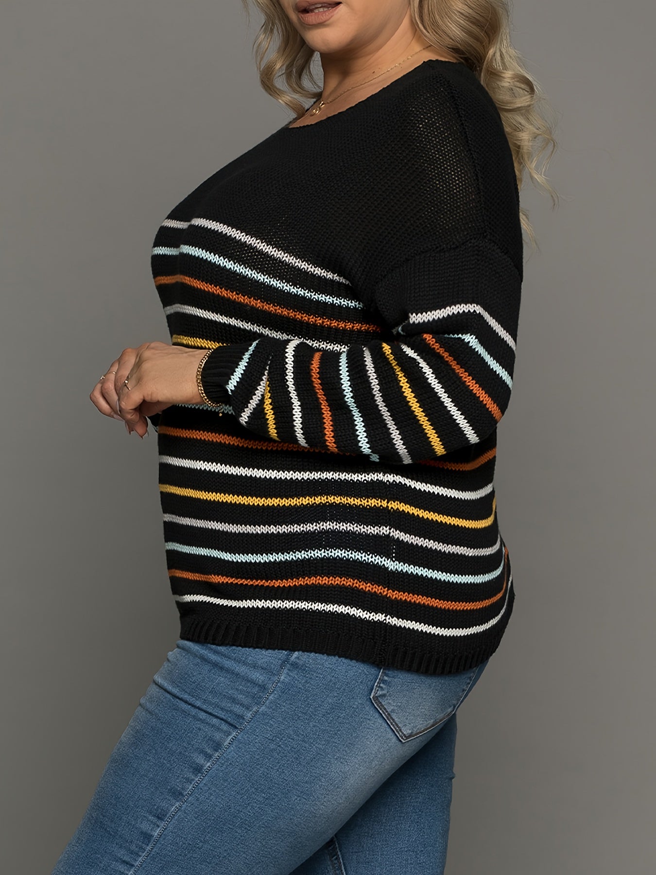  Colorful Stripe Print Long Sleeve Round Neck Pullover Sweater
