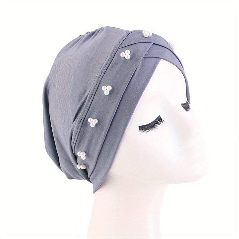 Faux Pearl Decor Turban Cap Solid Beanie Ruched Head Wrap