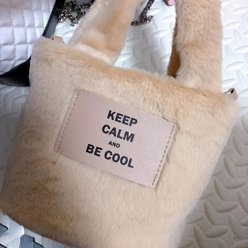 Mini Fuzzy Bucket Bag with Letter Patch - Winter Shoulder Crossbody Purse