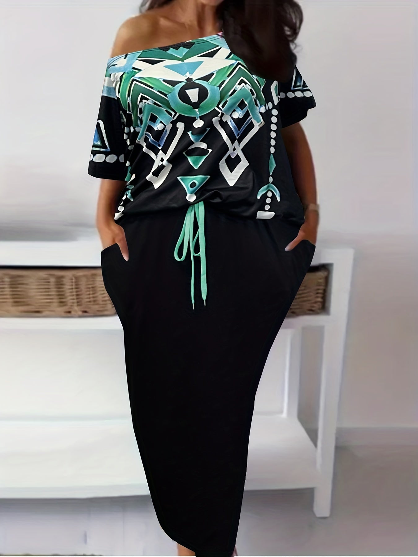  Boho Outfits Set Geo Print One Shoulder Top & Drawstring Skirt