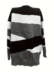  Colorblock Long Sleeve Round Neck Sweater