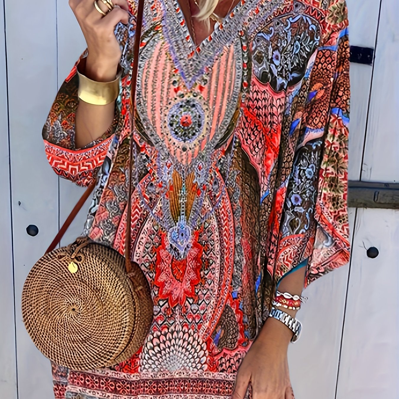  Boho Dress Women's Plus Floral Print Half Sleeve V Neck Dress
