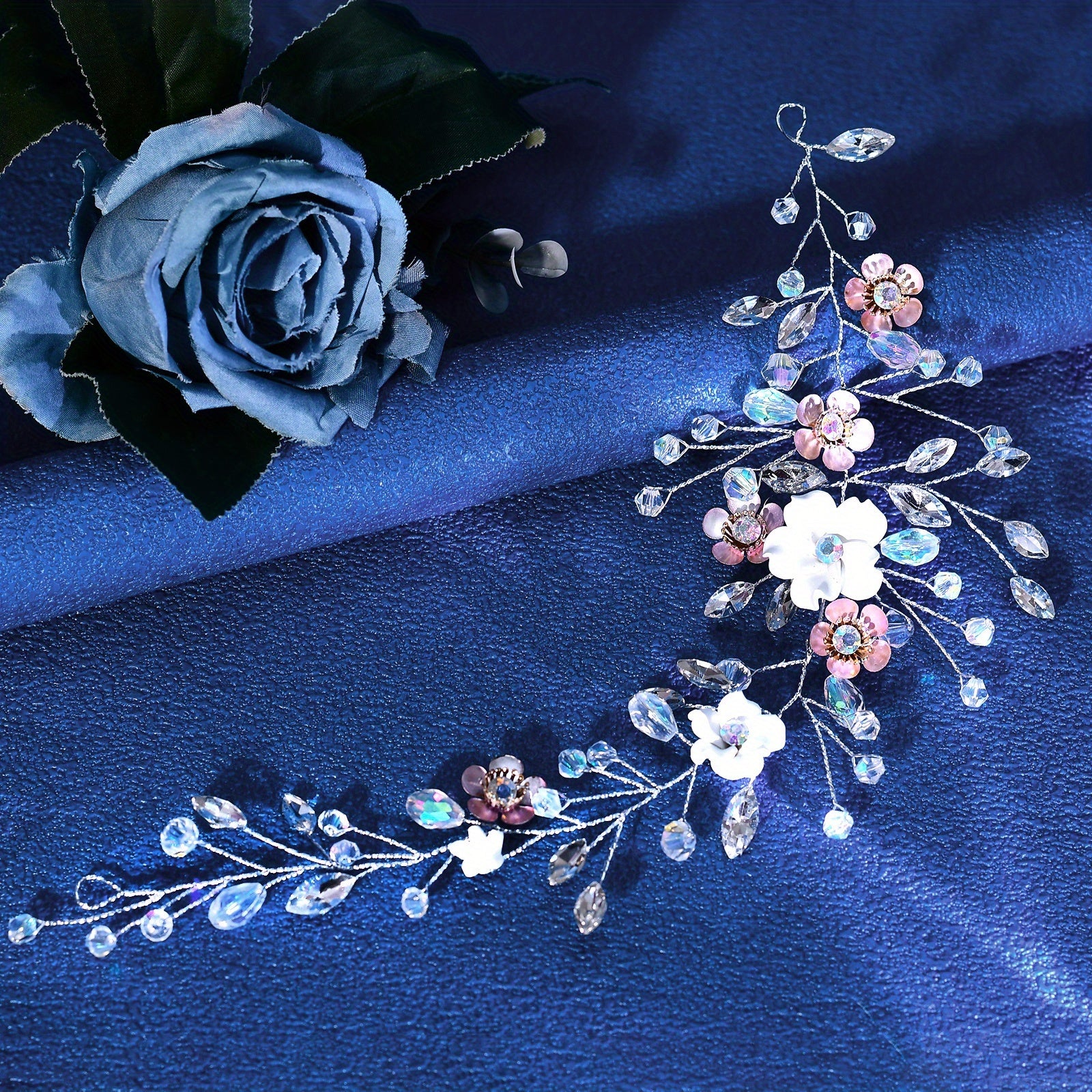 Floral Bridal Headband with Sparkling Accents for Weddings