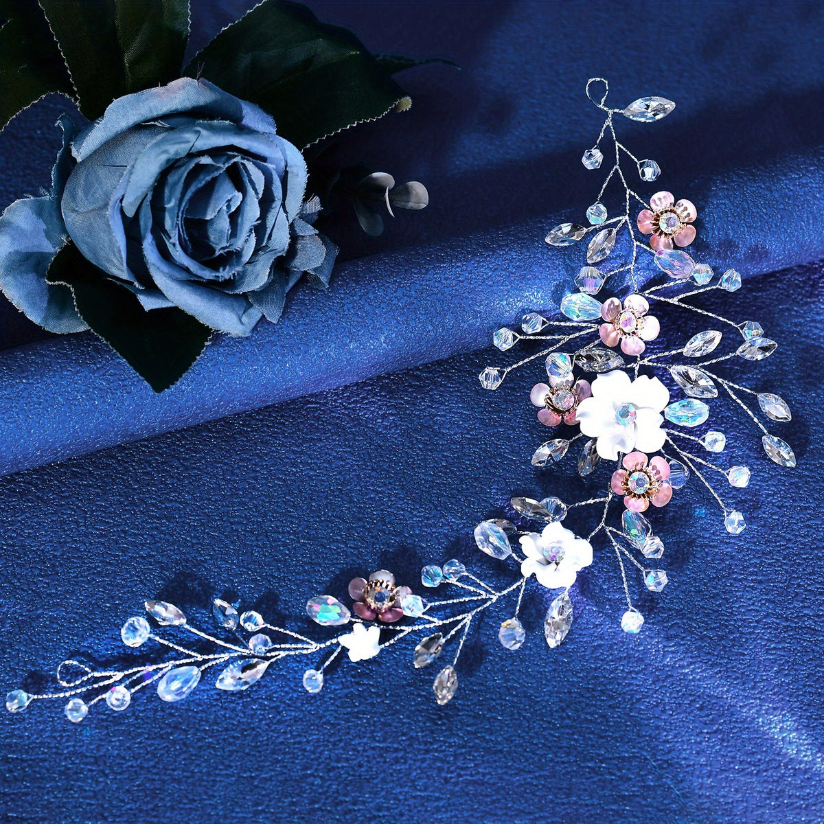 Floral Bridal Headband with Sparkling Accents for Weddings