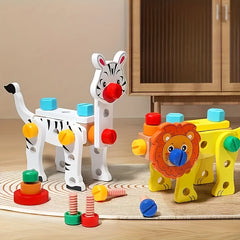 Kids' Animal & Vehicle Assembly Toolbox DIY Wooden Building Blocks Set