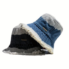 Gradient Washed Denim Bucket Hat Vintage Frayed Brim Tie Dye Sunshade Cap