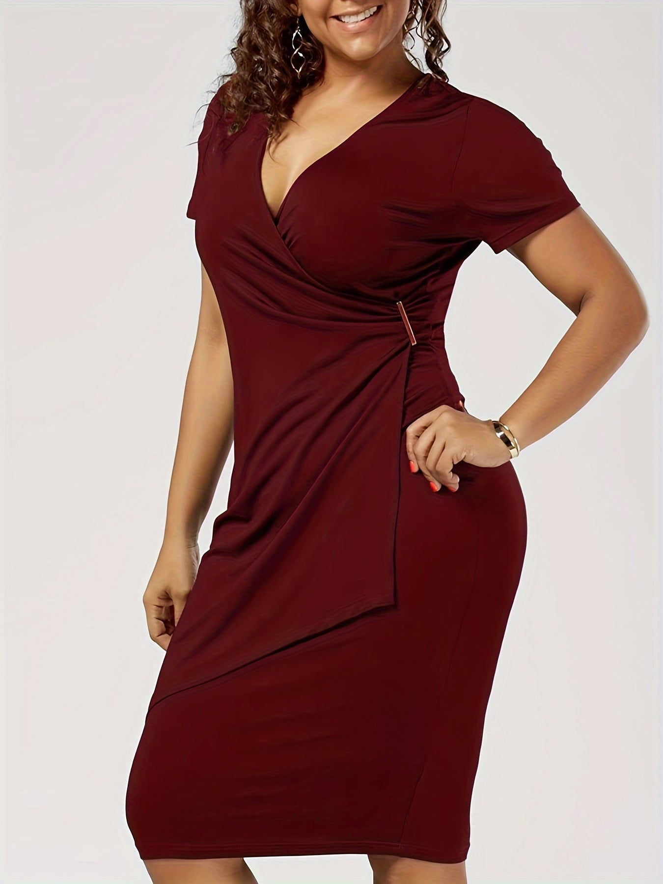  Solid Metal Decor Bodycon Midi Dress