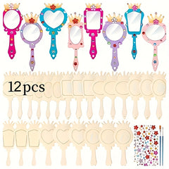 12pcs Wooden Mirrors Craft Set - Paintable Handheld Art Mirror