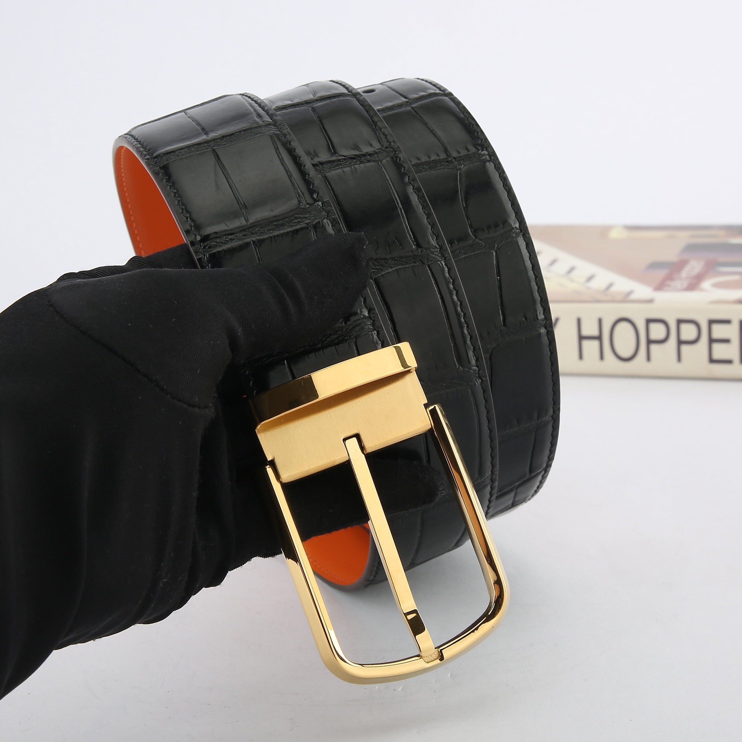 Cowhide Leather Belt Crocodile Pattern Stainless Steel Insert Buckle