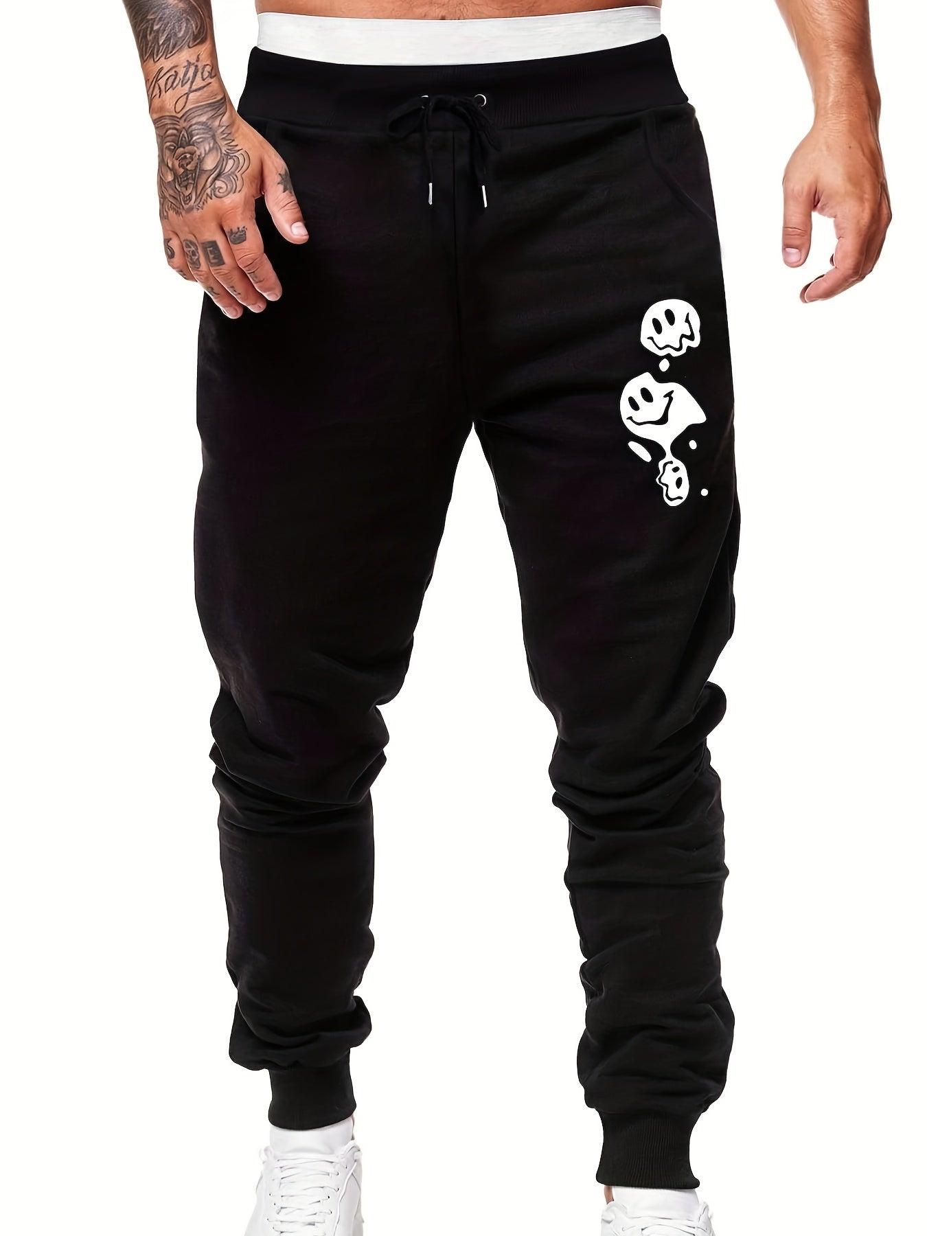 Smile Print Men's Drawstring Pocket Sweatpants Casual Comfy Jogger Pants