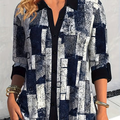  Patchwork Print Long Sleeve Blouse