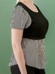  Colorblock Stripe Short Sleeve Blouse