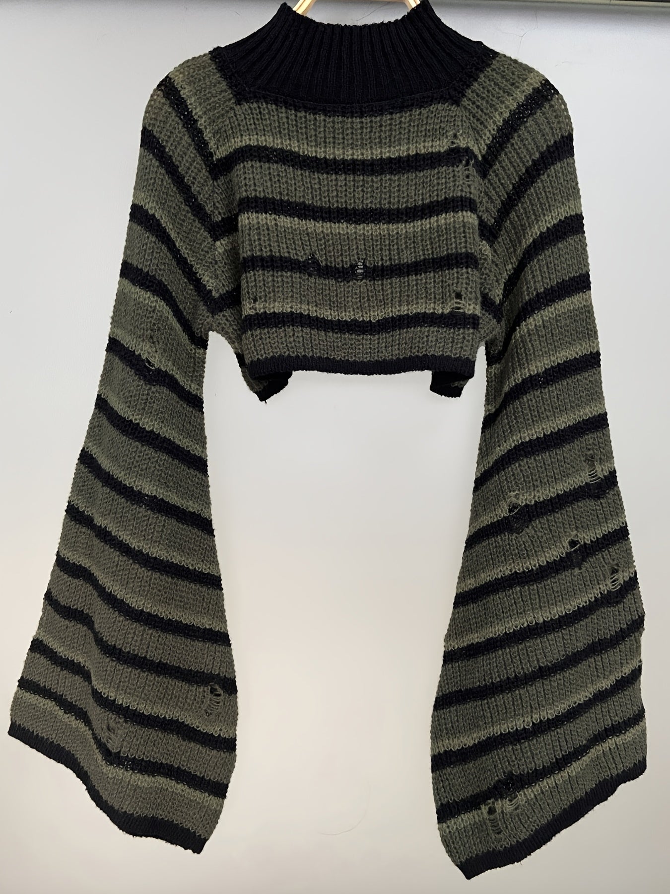  Punk Sweater Women's Plus Colorblock Stripe Print Bell Sleeve Mock Nec
