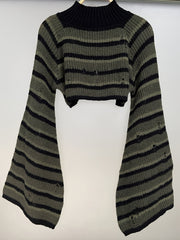  Punk Sweater Women's Plus Colorblock Stripe Print Bell Sleeve Mock Nec