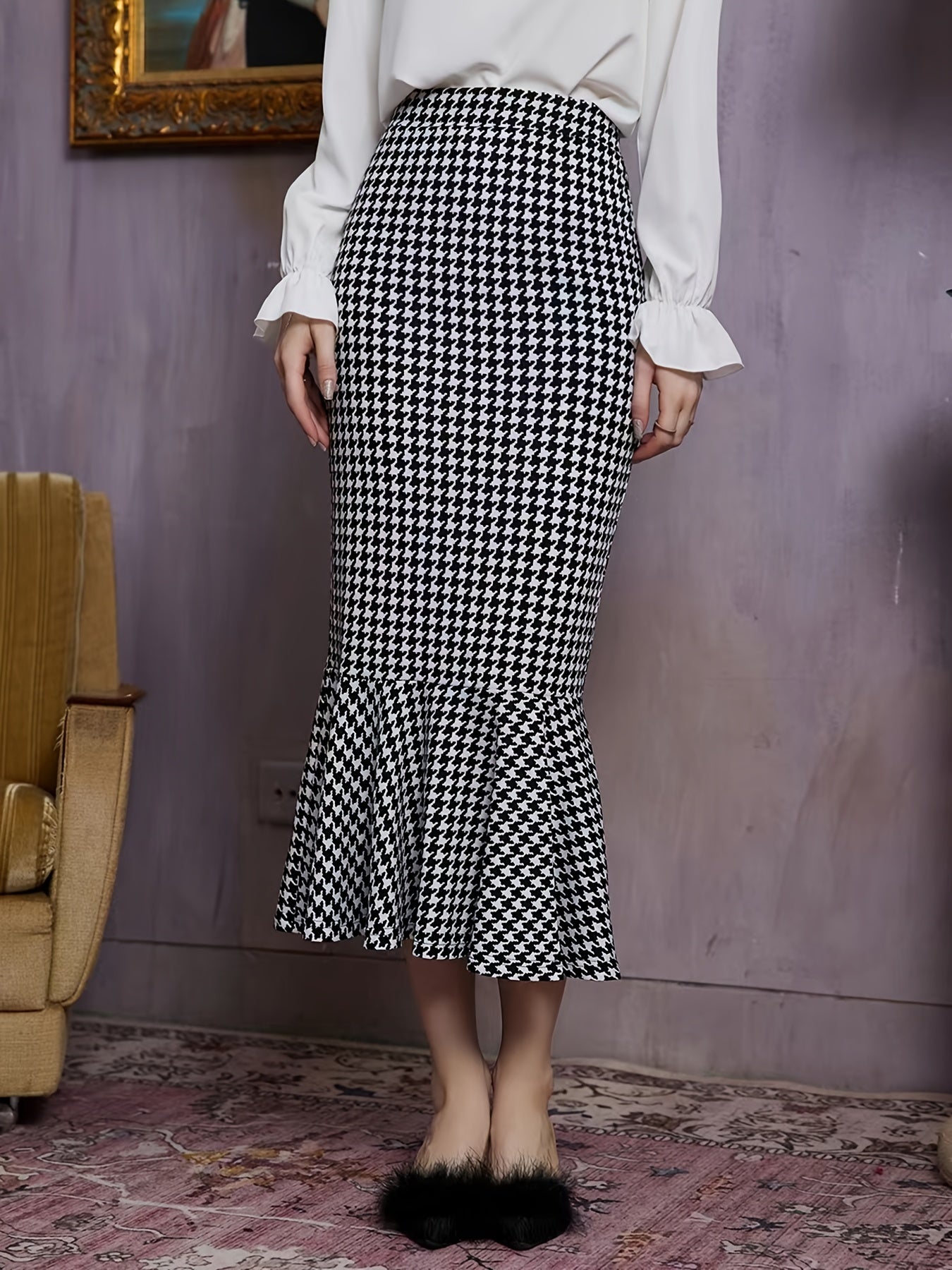 Houndstooth Mermaid Skirts Bodycon Slim Casual Maxi Skirts