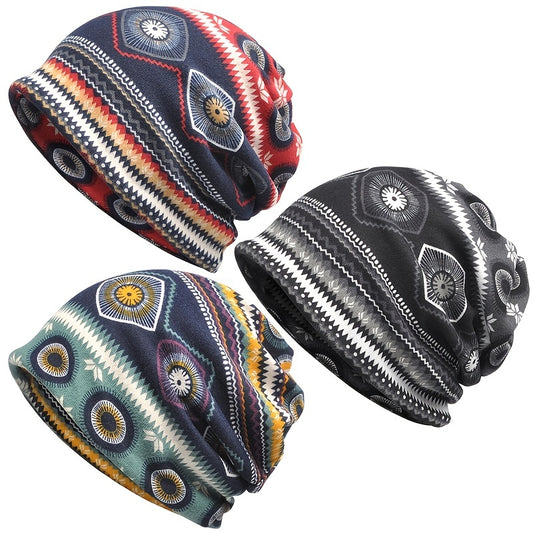 Boho Vintage Print Beanie Cap Elastic Skull Lightweight Warm Headwear
