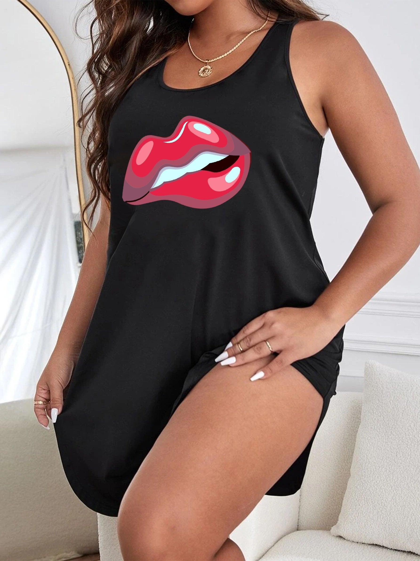  Casual Nightdress Women's Plus Mouth Print Round Neck Tenk Sleep Dress