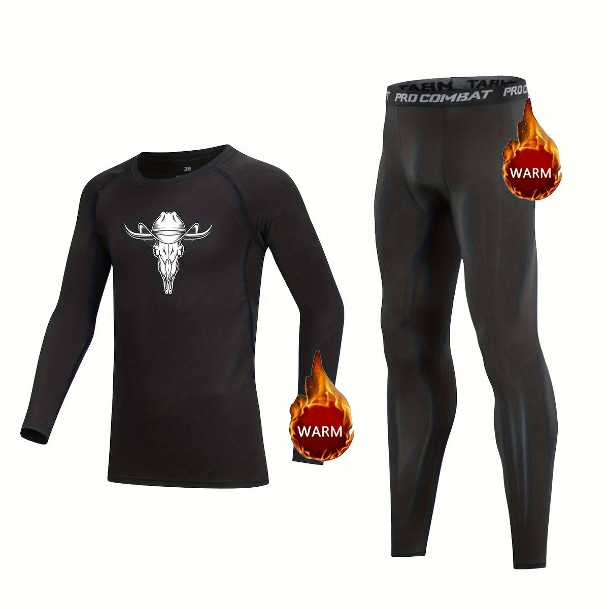 Kids Compression Fleece Sets - Bull Head Pattern Pullover & Pants