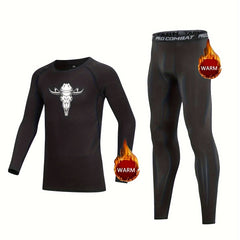 Kids Compression Fleece Sets - Bull Head Pattern Pullover & Pants