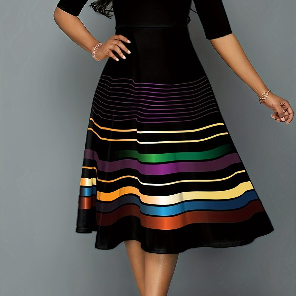  Casual Dress Women's Plus Colorblock Stripe Print Midi Dress