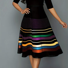  Casual Dress Women's Plus Colorblock Stripe Print Midi Dress