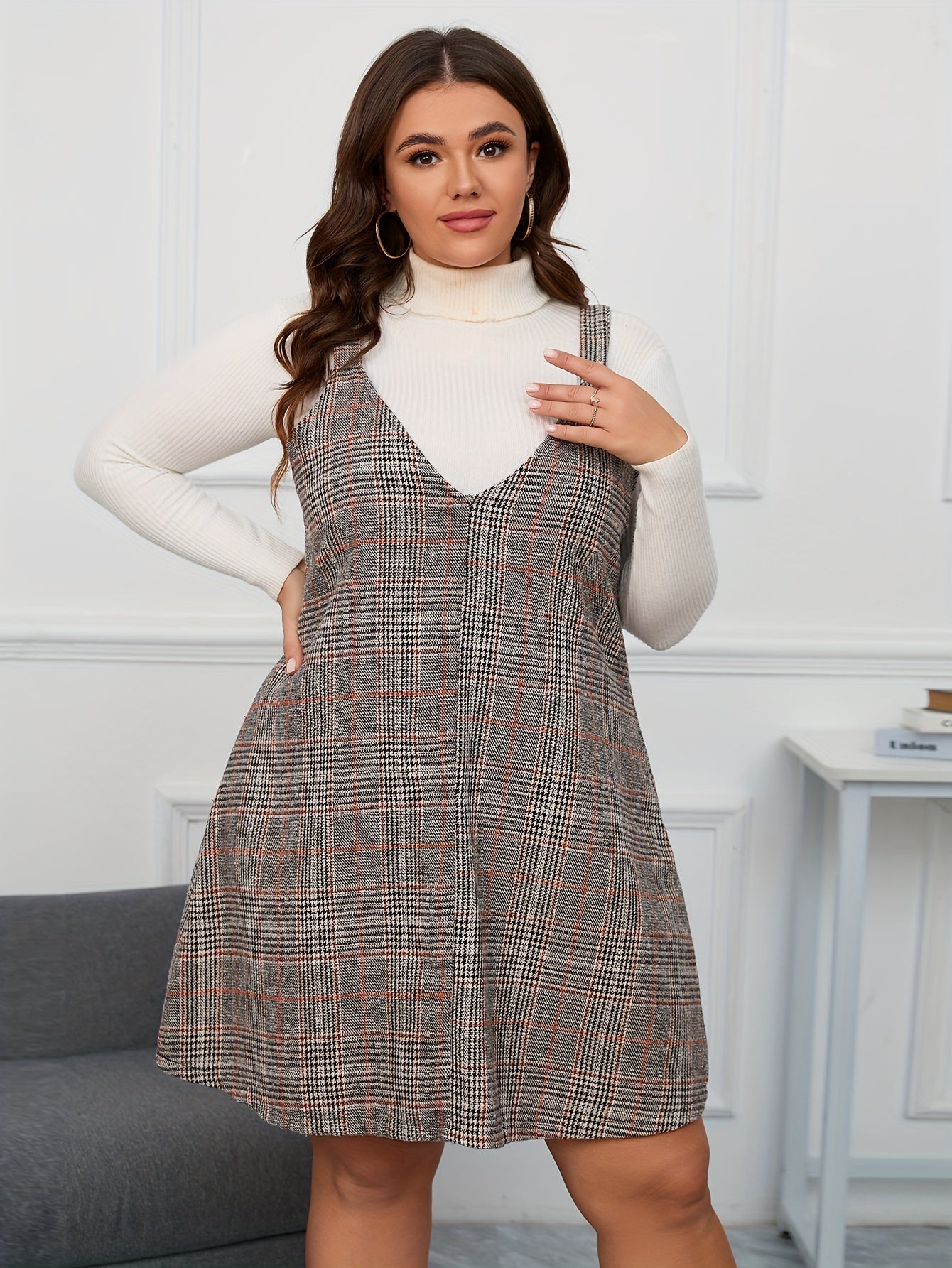  Plaid Print V Neck Mini Overall Dress