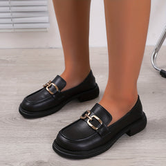 Women's Metal Decor Chunky Heel Loafers Slip On British Comfortable Shoes