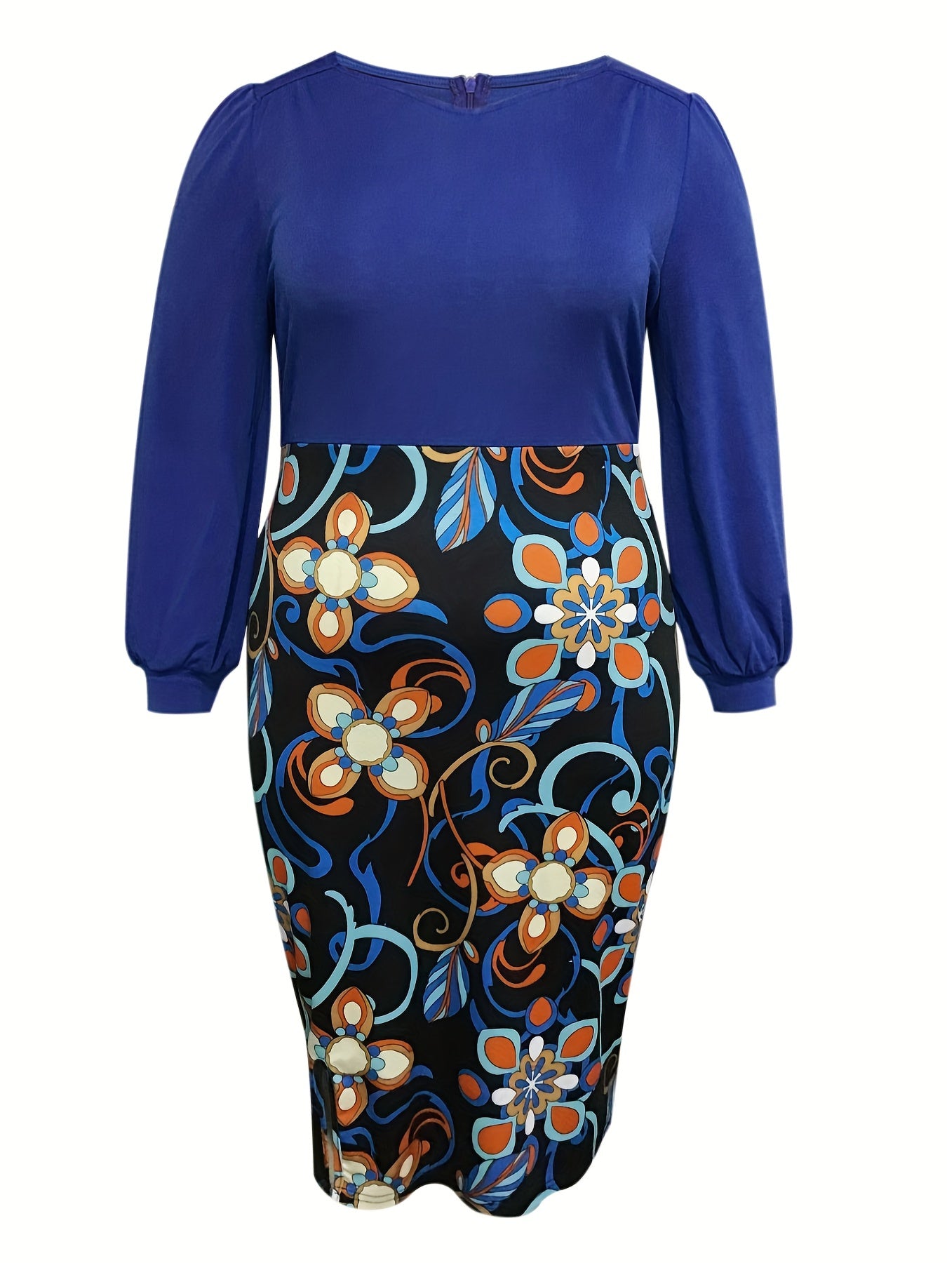  Colorblock Floral Print Bodycon Midi Dress