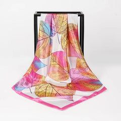 Large Square Leaves Print Satin Scarf Soft Windproof Head Wrap