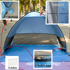 Portable Beach Tent For 2-3 Adults UPF 50 Sun Protection and Lightweight