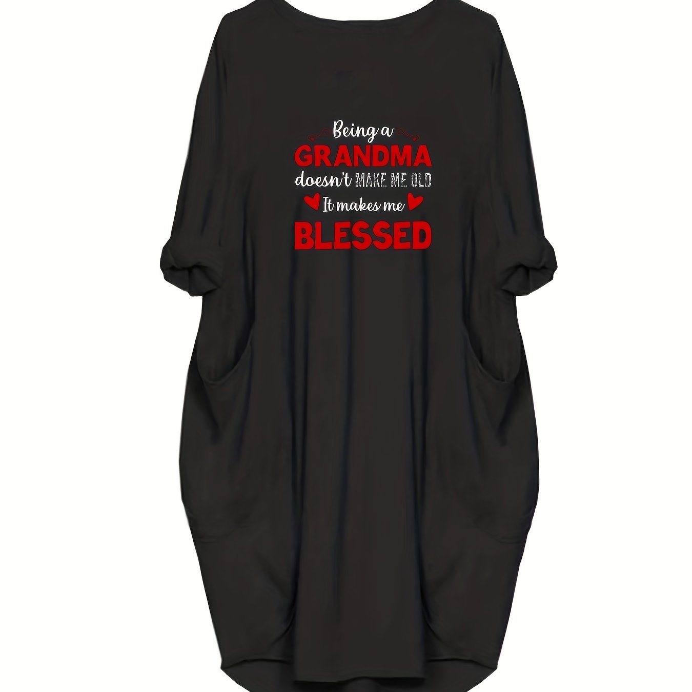  Slogan Heart Print Long Sleeve Round Neck Baggy Dress