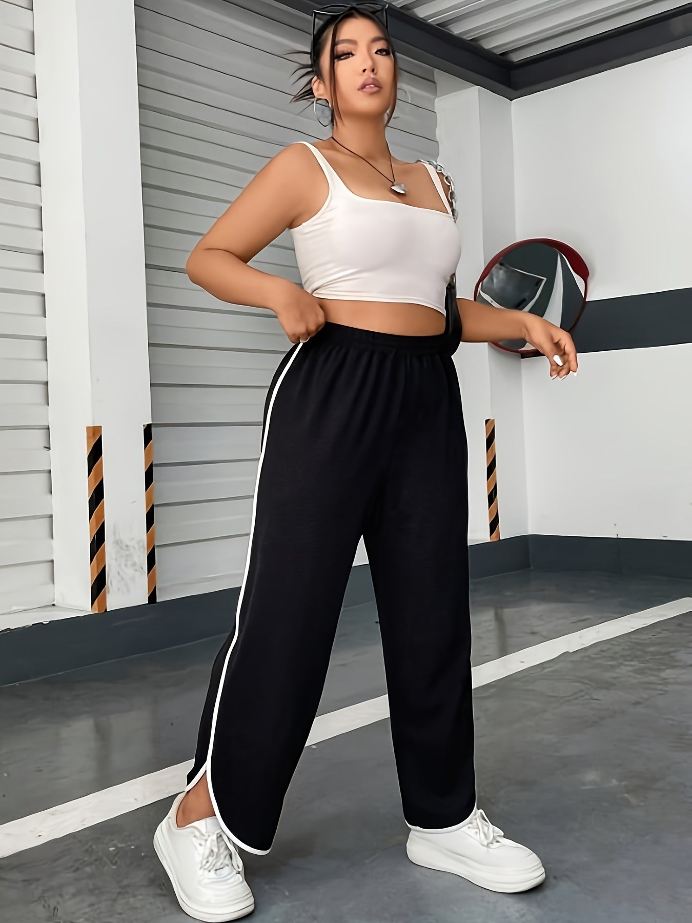  Casual Pants Women's Plus Contrast Binding Straight Leg Loose Trousers
