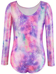 Girls 3D Starry Sky Graphic Crew Neck Long Sleeve Ballet Leotard