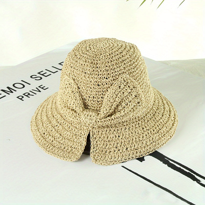 Vintage Crochet Bucket Hat with Bowknot Foldable UV Protection