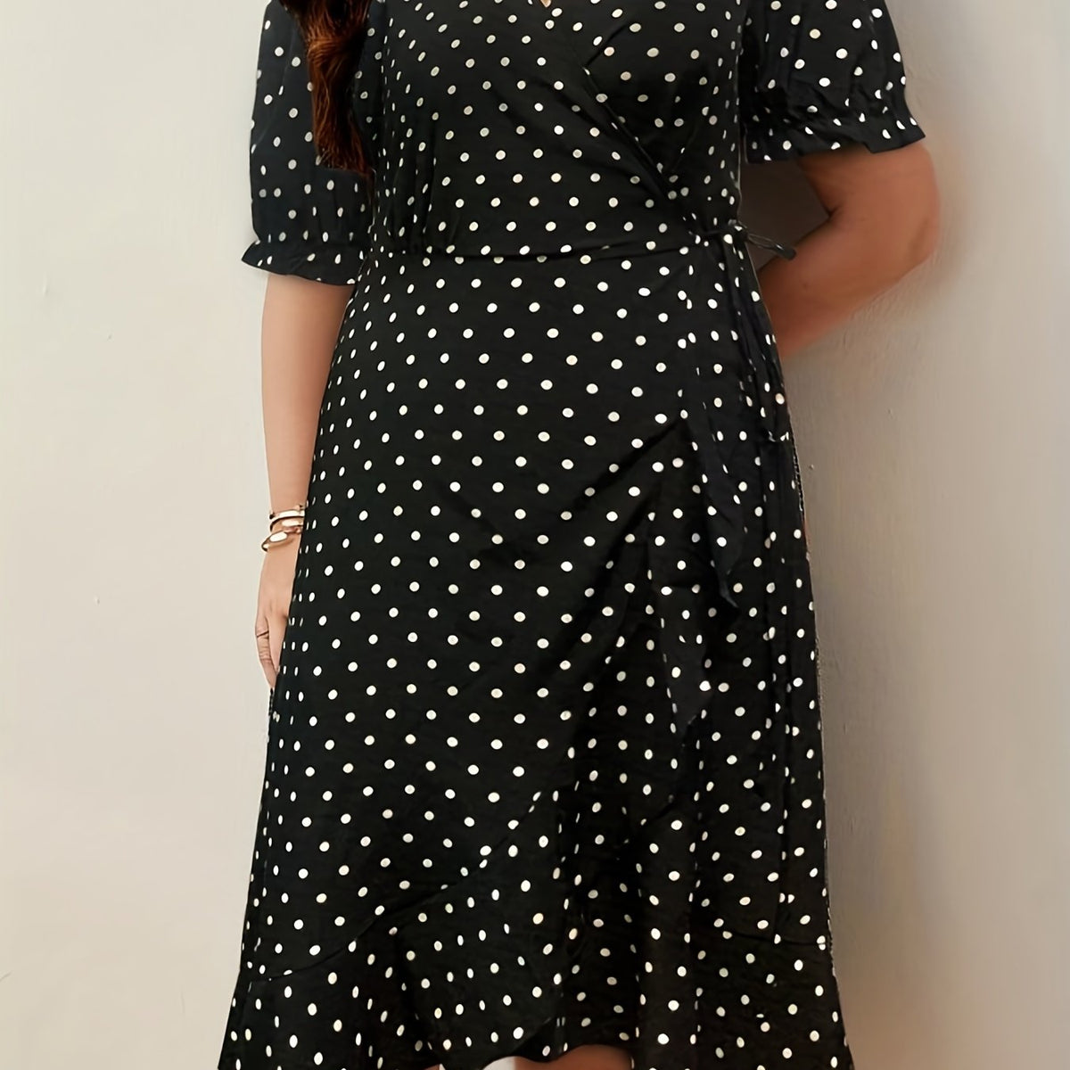  Polka Dot Print Puff Sleeve Wrap Dress