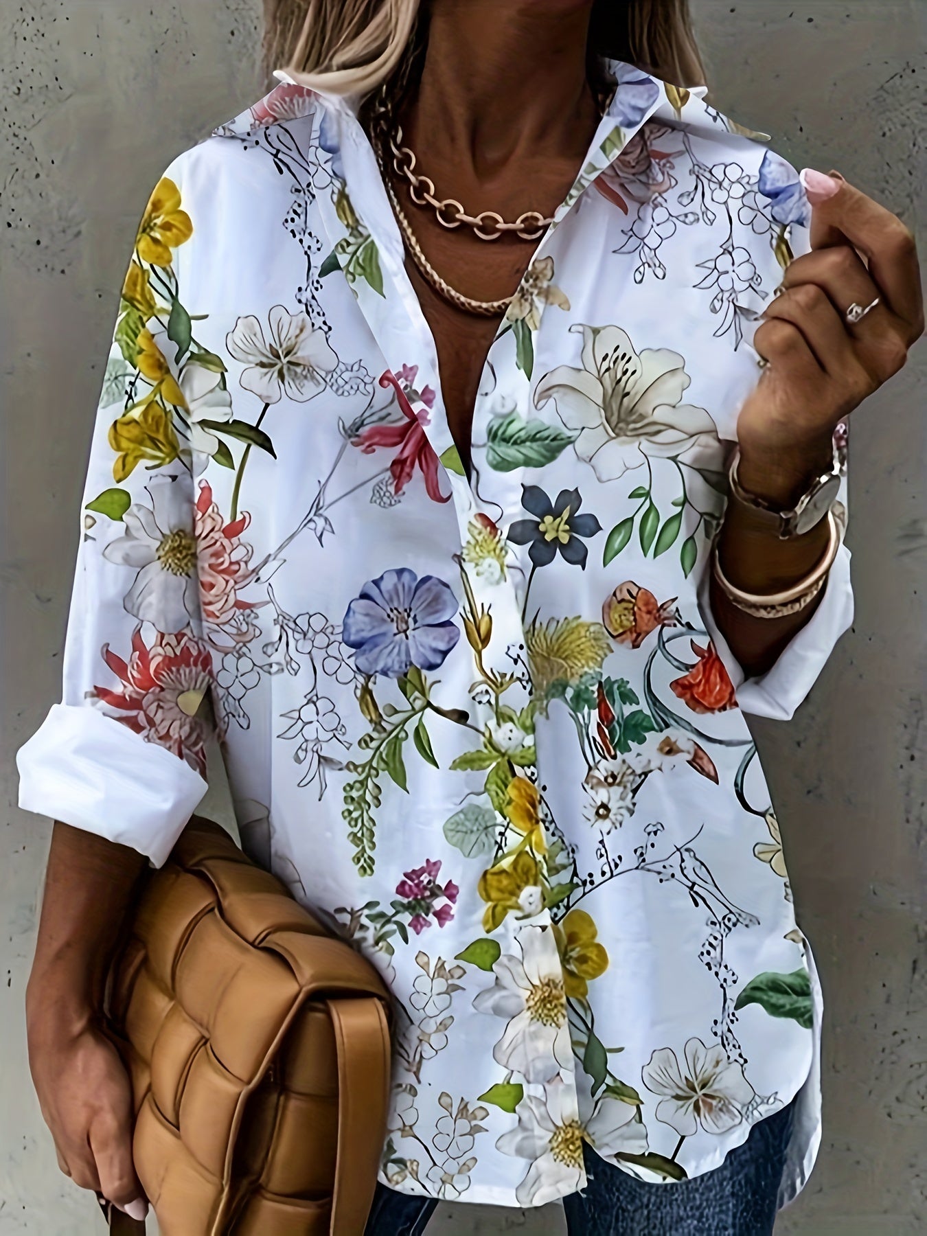  Floral Print Long Sleeve Button Up Casual Blouse