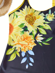  Sunflower Print Tankini Set - Top & Shorts
