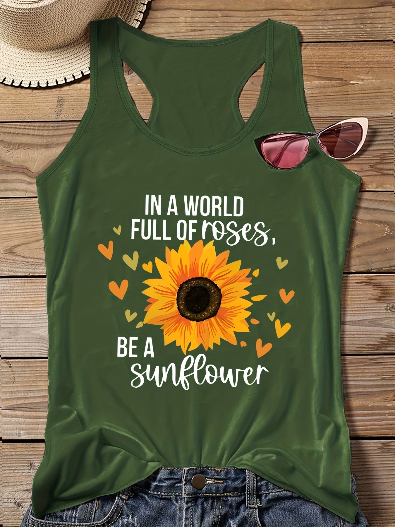  Sunflower Print Round Neck Vest Top
