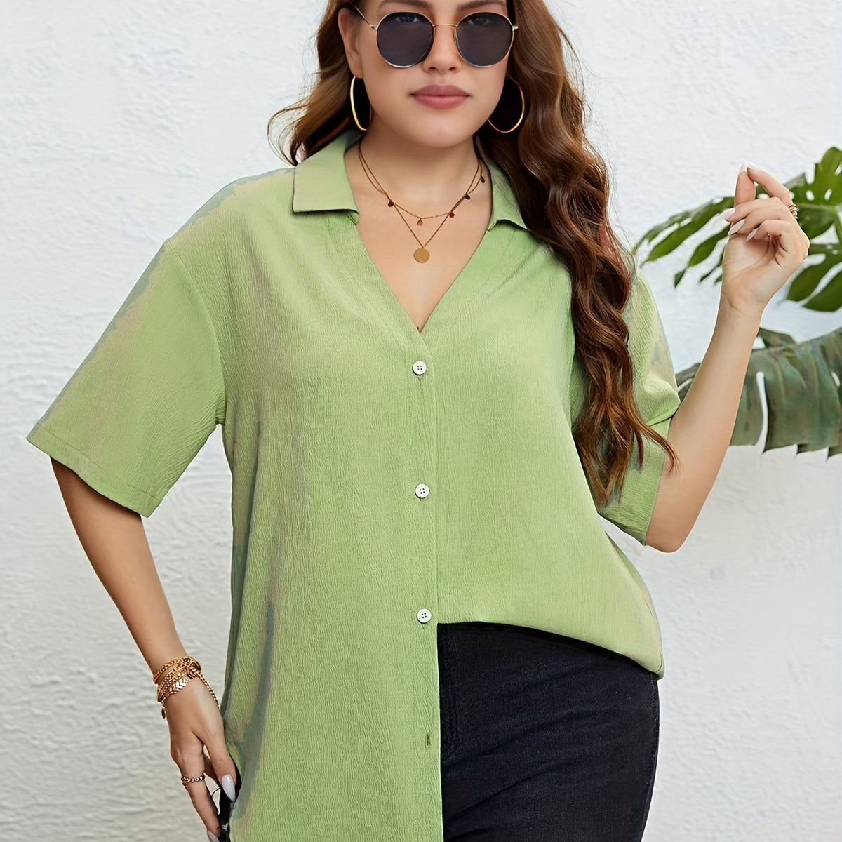  Casual Blouse Solid Button Up Short Sleeve V Neck Blouse