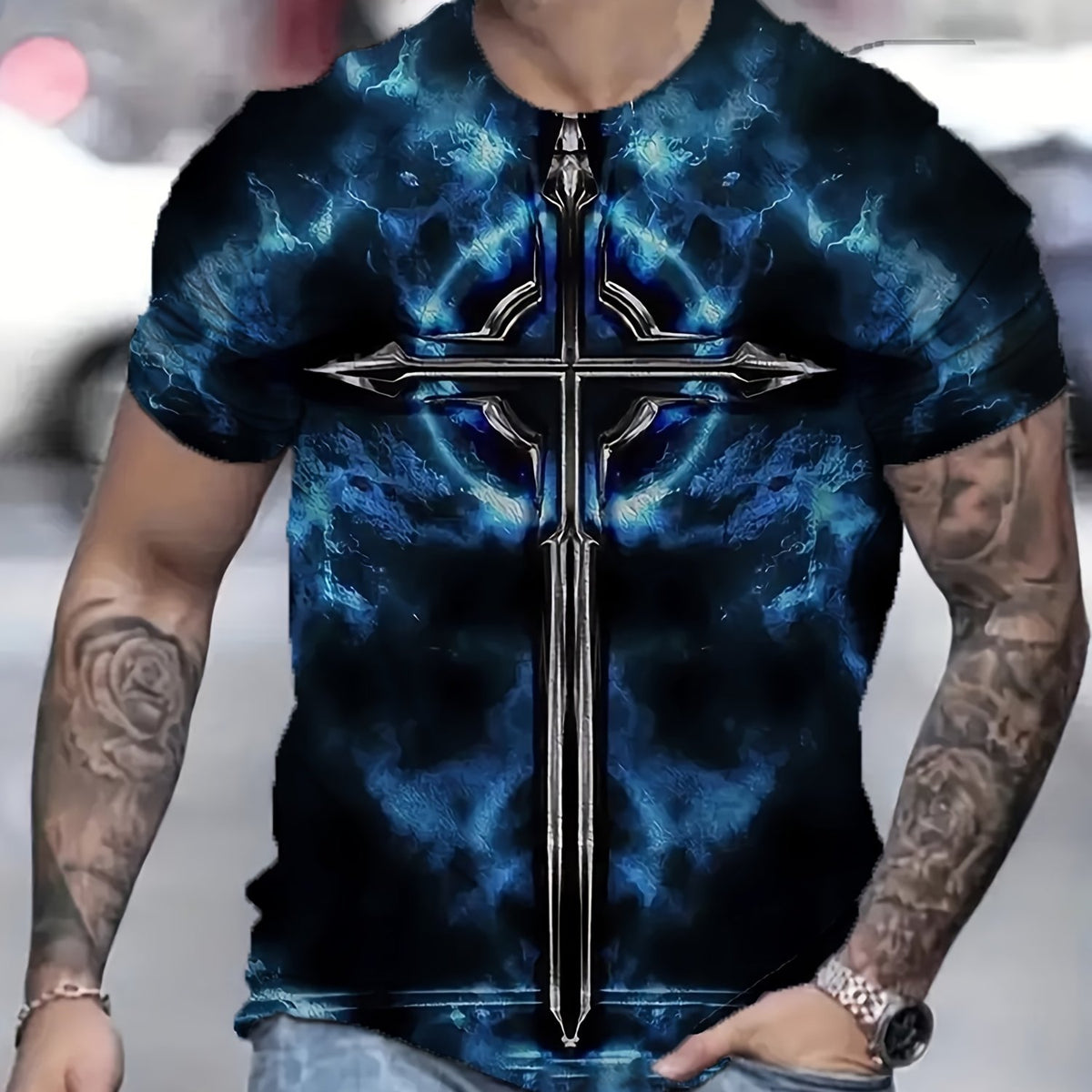 Men's Cross Pattern Sports T Shirt Round Neck Tee Shirt