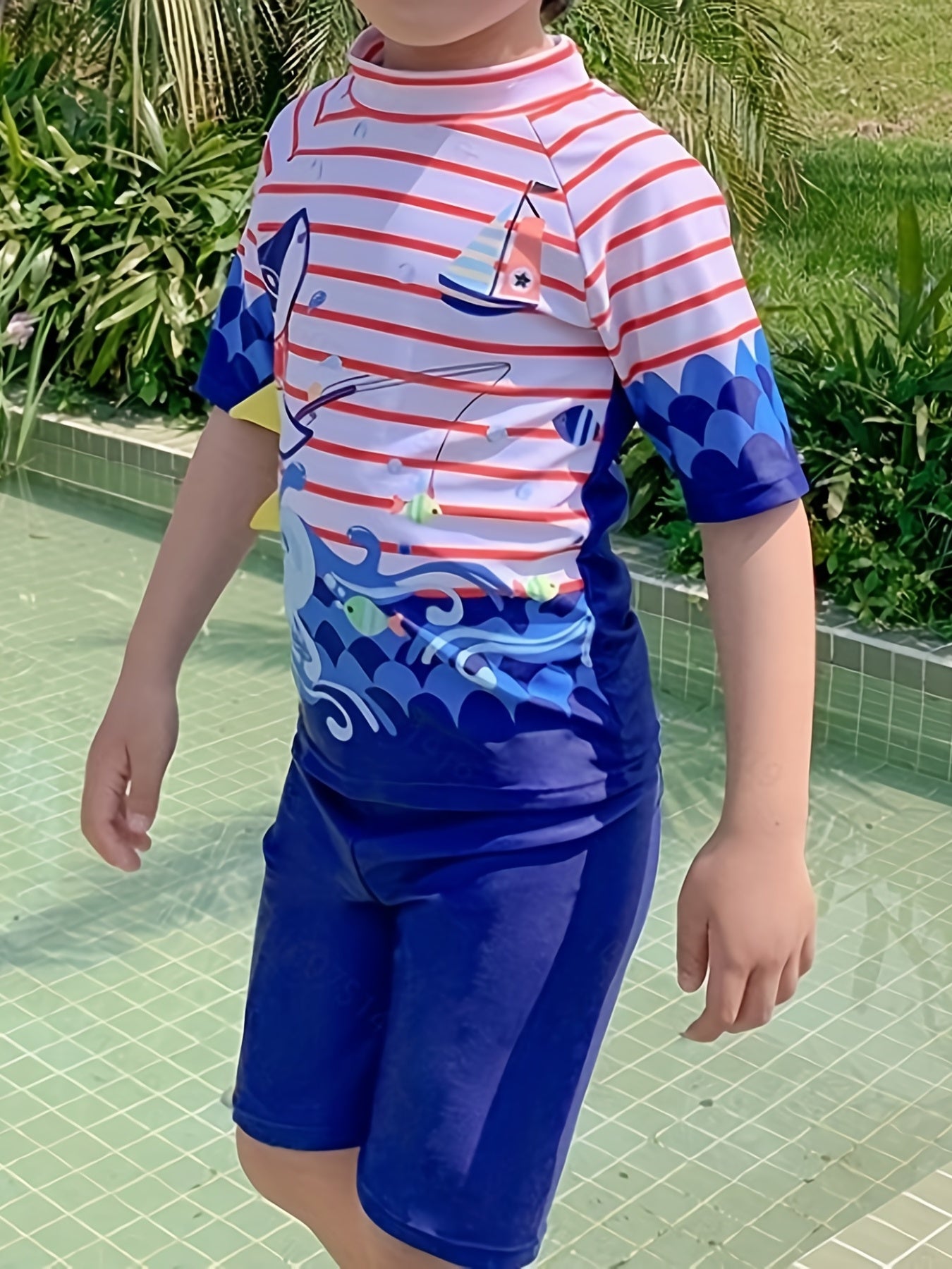 2pcs Boys Teen Shark Graphic Tshirt & Shorts Swimsuit For Summer Holiday