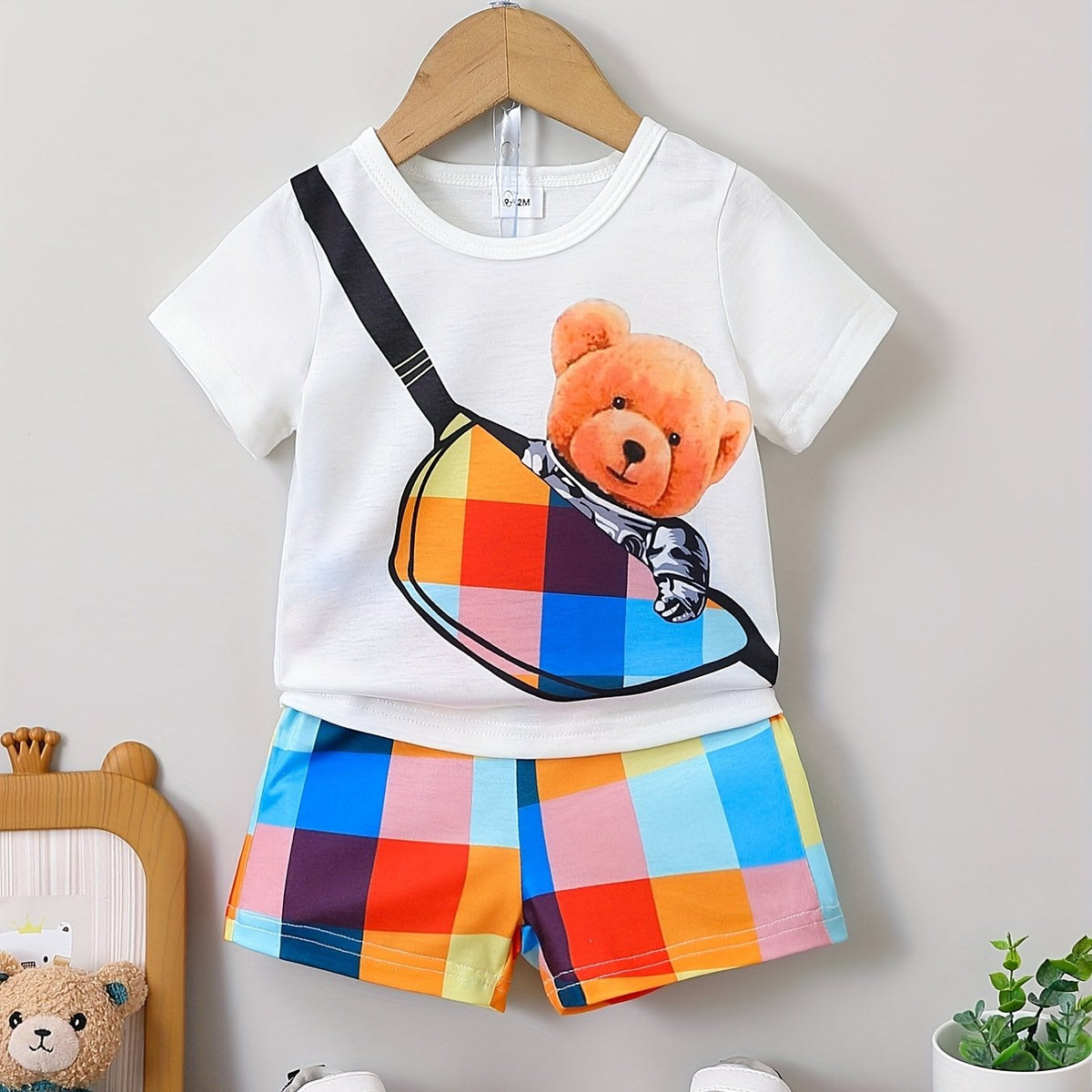 Preppy Kids Bear Graphic T-shirt & Plaid Shorts Set