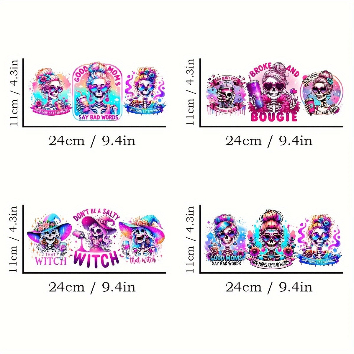 4Pcs Fun Skull Mom UV DTF Transfer DIY Decals for 16 Oz Mason Jar